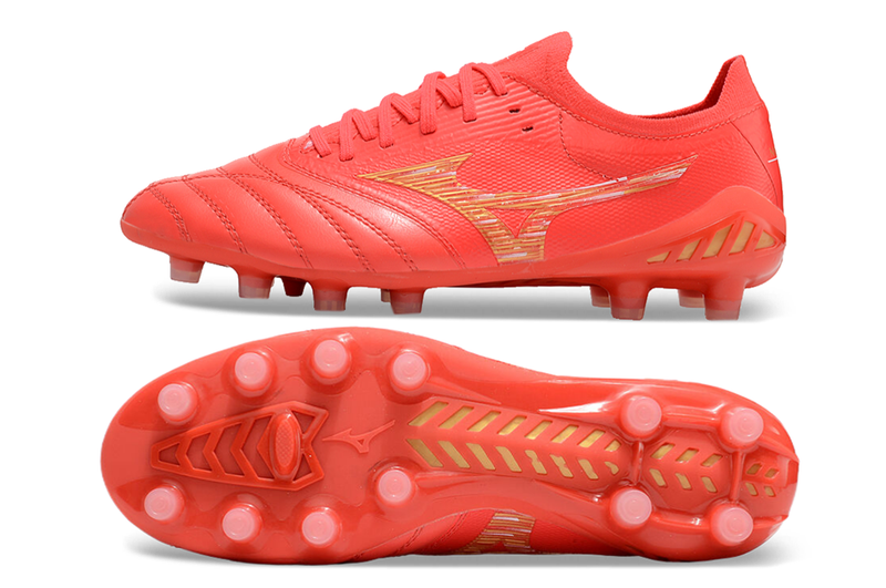 Chuteira Campo Mizuno Morelia Neo 4 Beta FG Vermelha e Dourada "Release Pack"