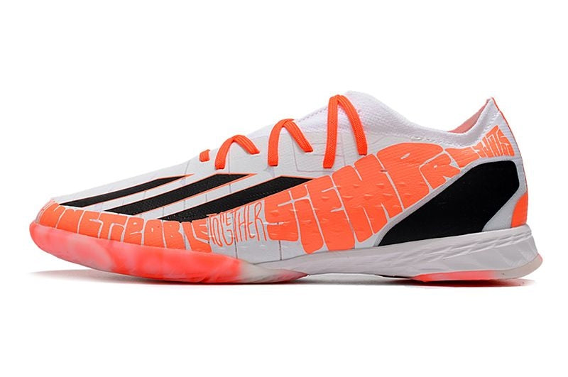 Chuteira Futsal Adidas X Speedportal Messi.1 Laranja e Branca "Balo te Adoro"