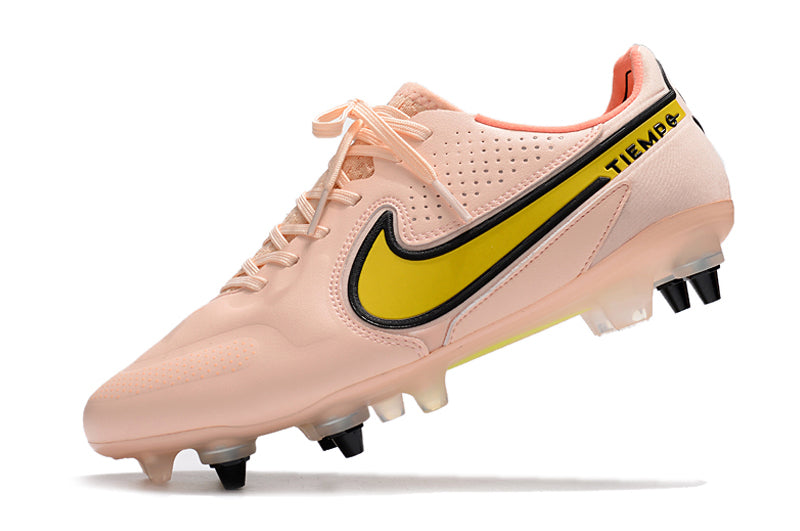 Chuteira Campo Nike Tiempo Legend 9 Elite Trava Mista Rosa e Amarelo "Lucent Pack"