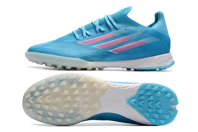 Chuteira Society Adidas X Speedflow.1 TF Azul e Rosa "Sapphire Edge Pack"