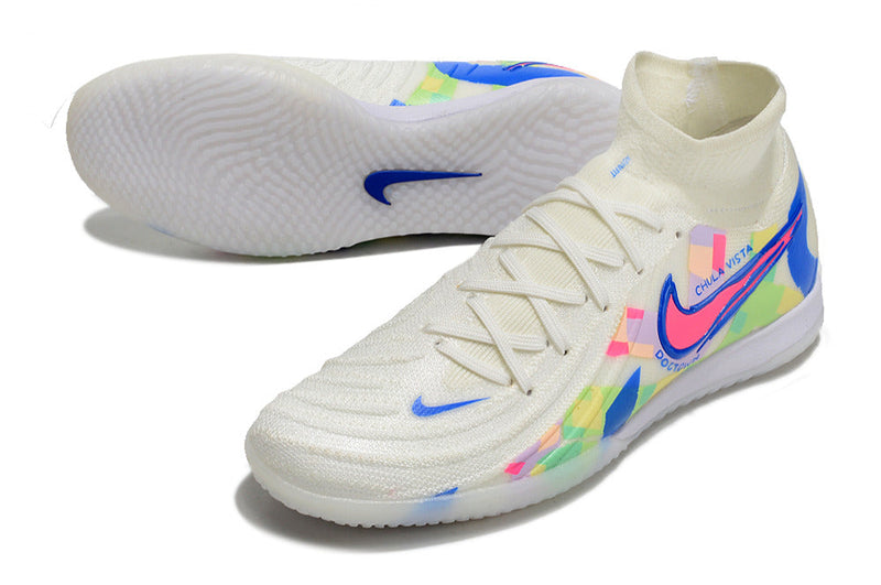 Chuteira Futsal Nike Phantom Luna Elite IC Branca, Azul e Rosa "Rainbow Pack"