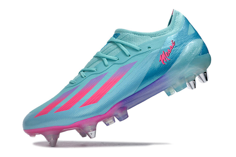 Chuteira Campo Adidas X Crazyfast Messi.1 Ponta de Aluminio Azul e Rosa "Miami Vice"