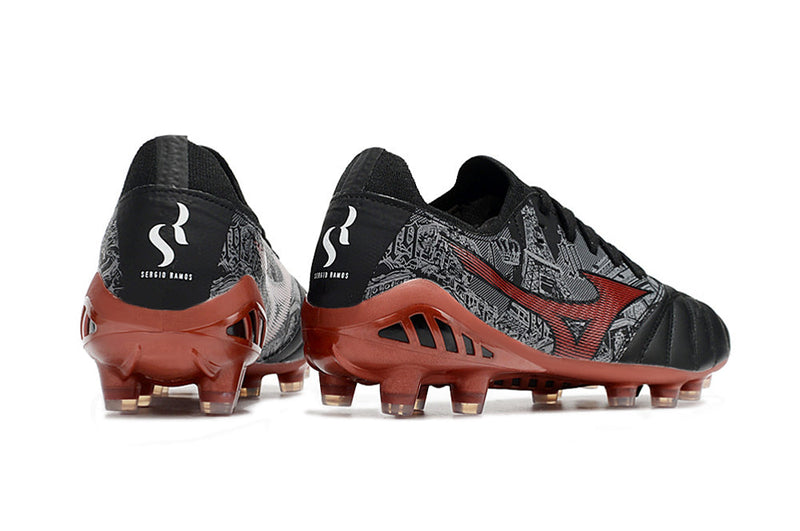 Chuteira Campo Mizuno Morelia Neo 3 FG Preta e Vermelha "Sergio Ramos"