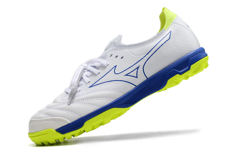 Chuteira Society Mizuno Morelia Neo Beta TF Branca, Azul e Verde "Below Zero"