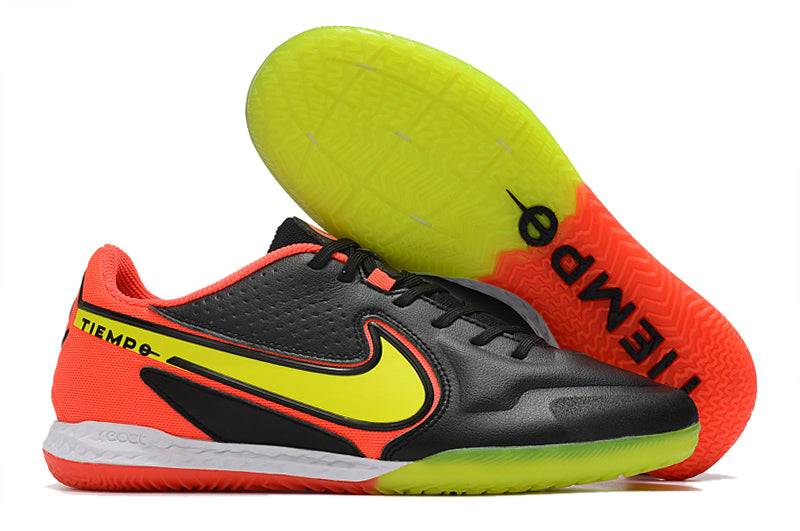 Chuteira Futsal Nike Tiempo Legend 9 Elite IC Preto, Laranja e Amarelo