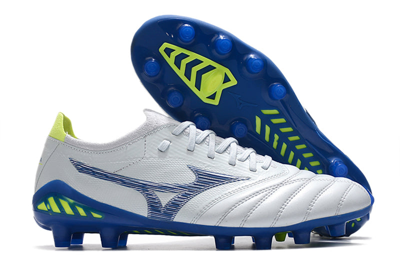 Chuteira Campo Mizuno Morelia Neo 3 FG Branca e Azul "Pre Future Pack"