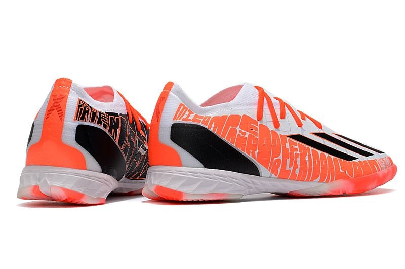 Chuteira Futsal Adidas X Speedportal Messi.1 Laranja e Branca "Balo te Adoro"