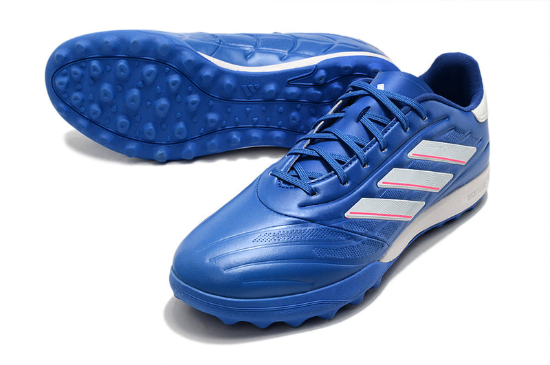 Chuteira Society Adidas Copa Pure.1 TF Azul e Branco "Marinerush Pack"