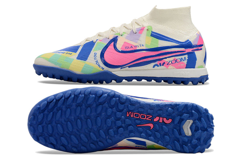 Chuteira Society Nike Air Zoom Mercurial Superfly 9 Elite TF Branca, Azul e Rosa "SoCal Pack"