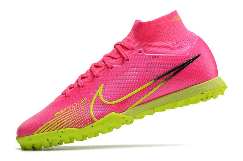 Chuteira Society Nike Air Zoom Mercurial Superfly 9 Elite TF Rosa e Verde "Luminous Pack"