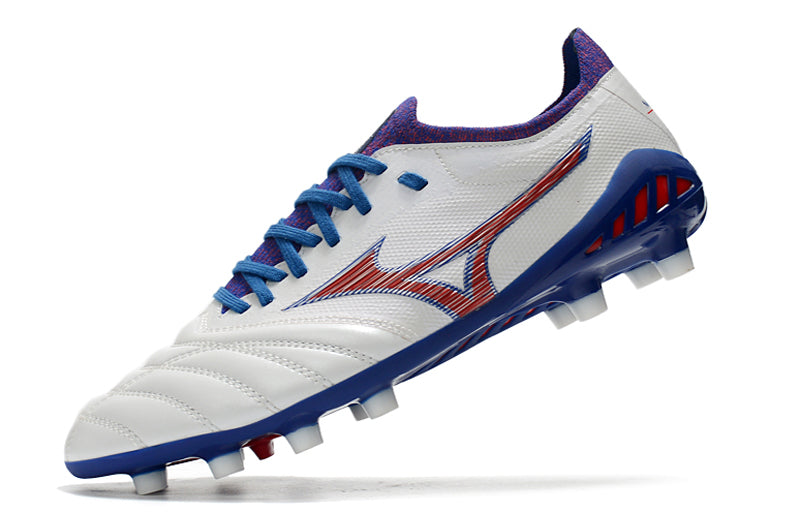 Chuteira Campo Mizuno Morelia Neo 3 FG Branca, Azul e Vermelha