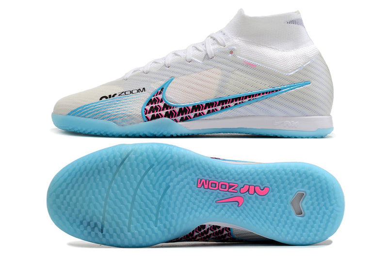 Chuteira Futsal Nike Air Zoom Mercurial Superfly 9 Elite IC Branca e Azul "Blast Pack"