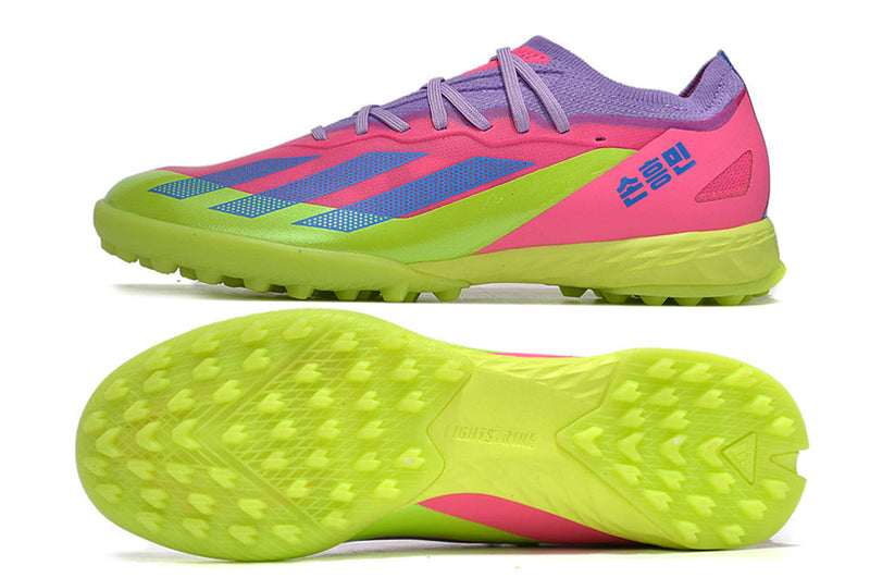 Chuteira Society Adidas X Crazyfast.1 TF Rosa e Verde "Son"