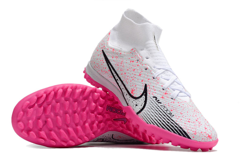 Chuteira Society Nike Air Zoom Mercurial Superfly 9 Elite TF Branca e Rosa