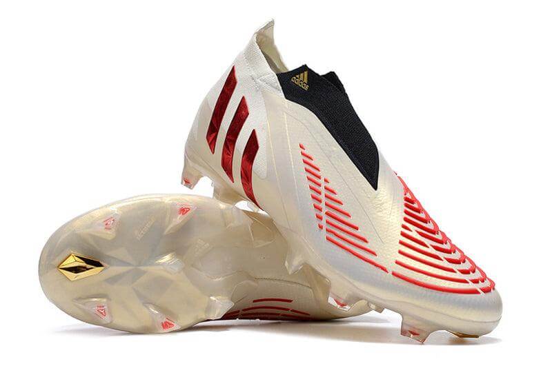 Chuteira Campo Adidas Predator Edge+ FG Off-White e Vermelho "Showdown Pack"