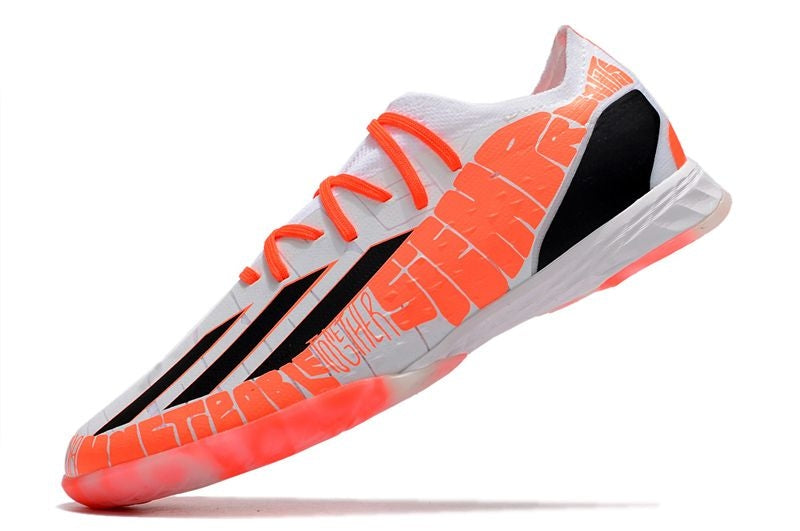 Chuteira Futsal Adidas X Speedportal Messi.1 Laranja e Branca "Balo te Adoro"