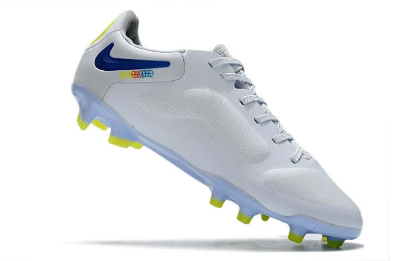 Chuteira Campo Nike Tiempo Legend 9 Elite FG Branca e Azul "Progress Pack"