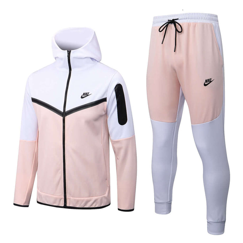 Conjunto de Moletom Nike Sportswear Tech Fleece com Touca Branco, Rosa e Cinza