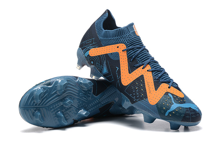 Chuteira Campo Puma Future Ultimate FG Azul e Laranja "DNA Pack"