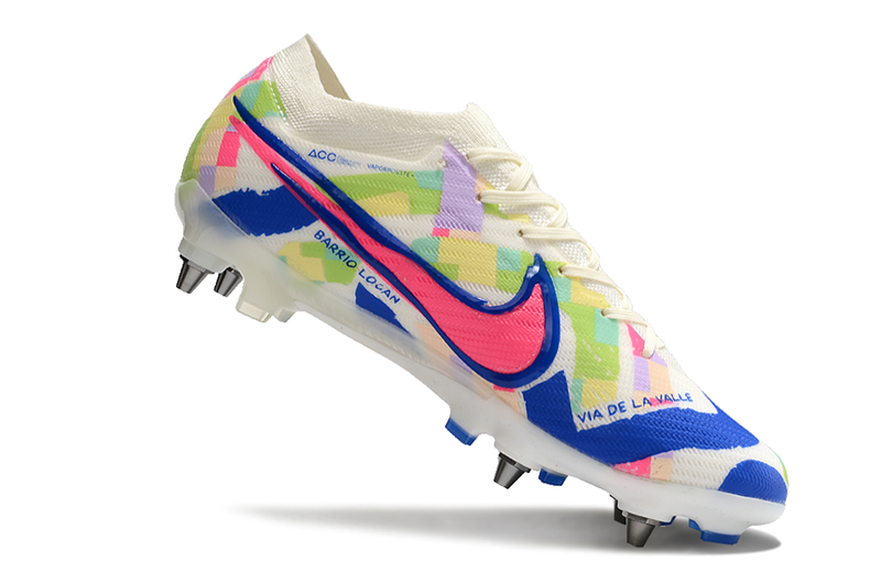 Chuteira Campo Nike Air Zoom Mercurial Vapor 15 Elite Trava Mista Branco, Azul e Rosa