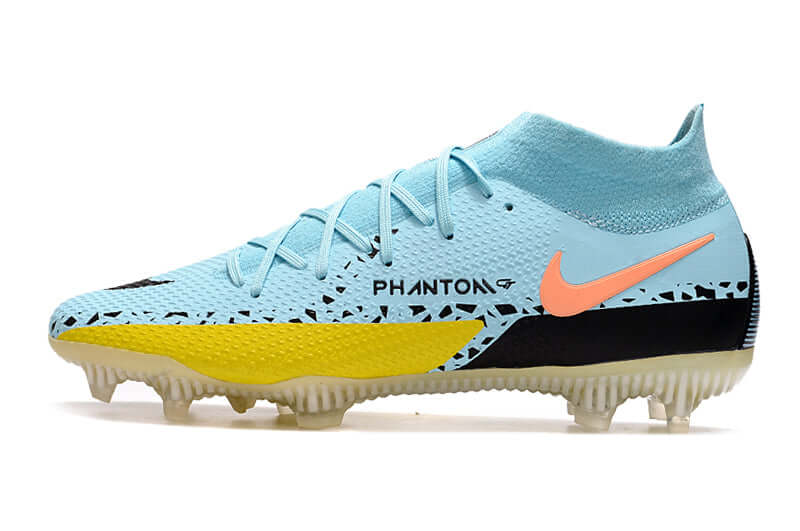 Chuteira Campo Nike Phantom GT2 DF Elite FG Azul, Preto e Amarelo "Lucent Pack"