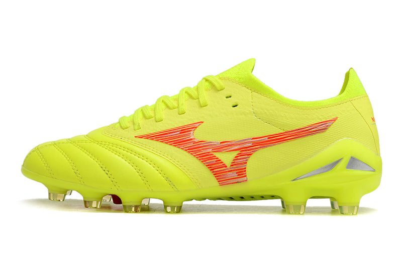 Chuteira Campo Mizuno Morelia Neo 4 Beta FG Amarelo e Vermelho "Dyna Pack'