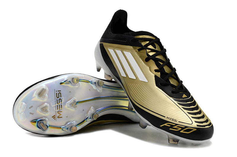 Chuteira Campo Adidas F50 Messi FG Preto e Dourado "Triunfo Dorado Pack"