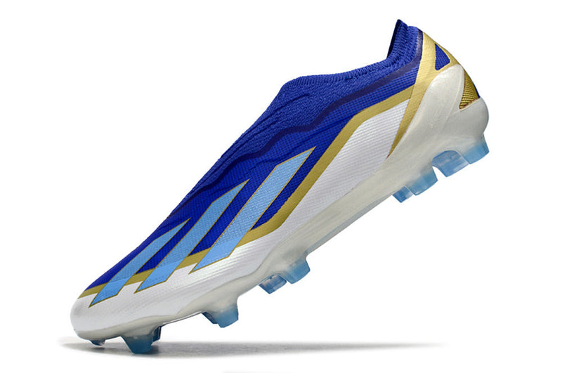 Chuteira Campo Adidas X Crazyfast Messi.1 FG Azul, Branco e Dourado "Spark Gen10s"