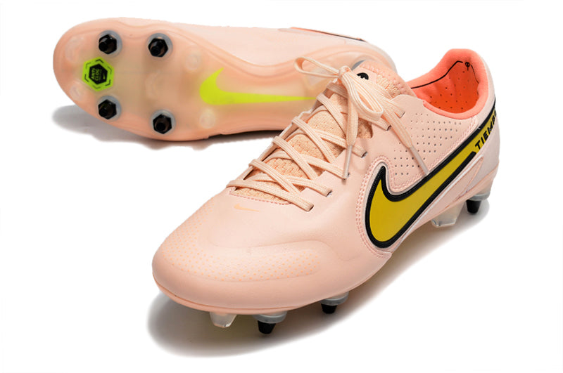 Chuteira Campo Nike Tiempo Legend 9 Elite Trava Mista Rosa e Amarelo "Lucent Pack"