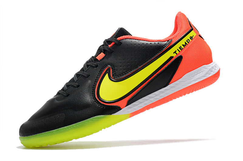 Chuteira Futsal Nike Tiempo Legend 9 Elite IC Preto, Laranja e Amarelo