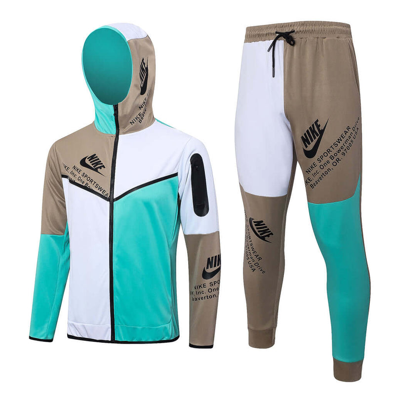 Conjunto de Moletom Nike Sportswear Tech Fleece com Touca Branco, Marrom e Verde