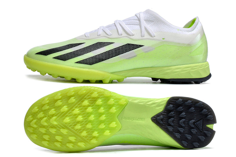 Chuteira Society Adidas X Crazyfast.1 TF Branca e Verde "Crazyrush Pack"