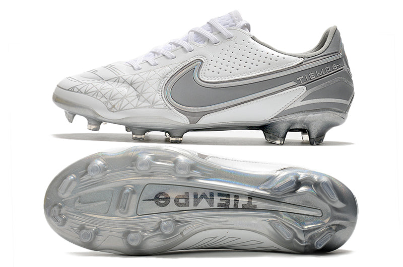 Chuteira Campo Nike Tiempo Legend 9 Elite FG Branca e Cinza