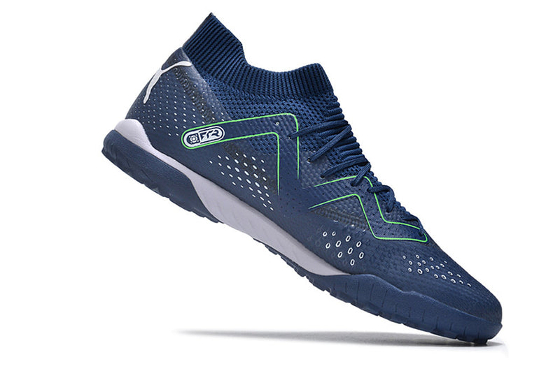 Chuteira Society Puma Future Ultimate TF Azul e Verde "Gear Up Pack"