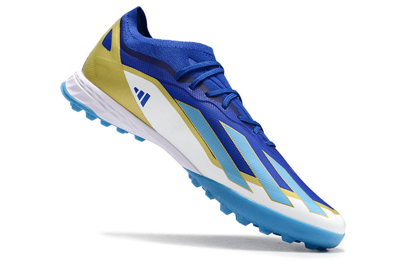 Chuteira Society Adidas X Crazrfast Messi .1 TF Azul, Branca e Dourada "Spark Gen10s"