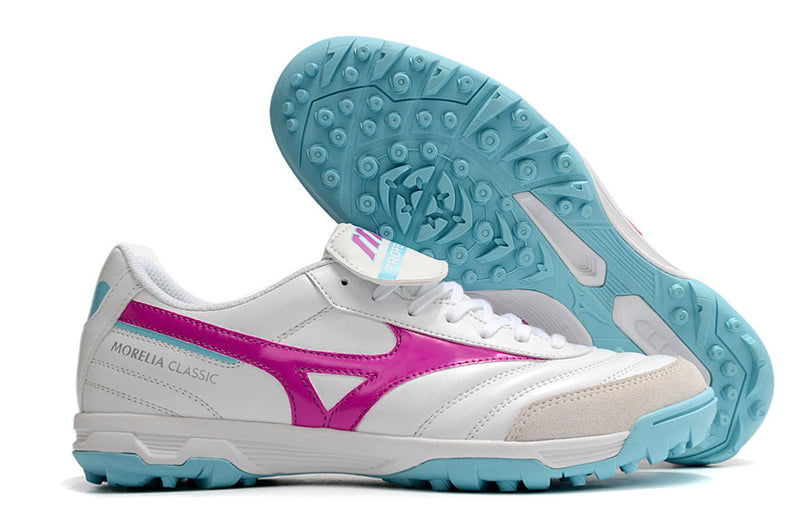 Chuteira Society Mizuno Morelia 3 TF Branca, Rosa e Azul