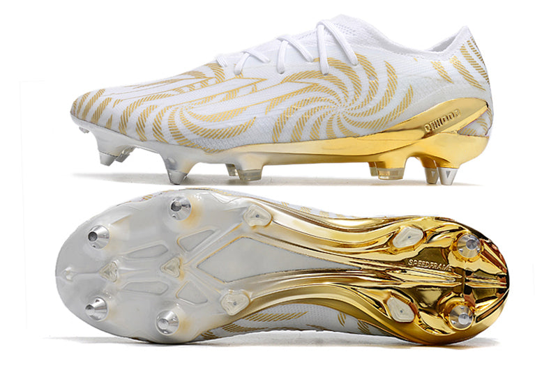 Chuteira Campo Adidas X Speedportal.1 Ponta de Aluminio Branca e Dourada "Benzema Balon d'Or"