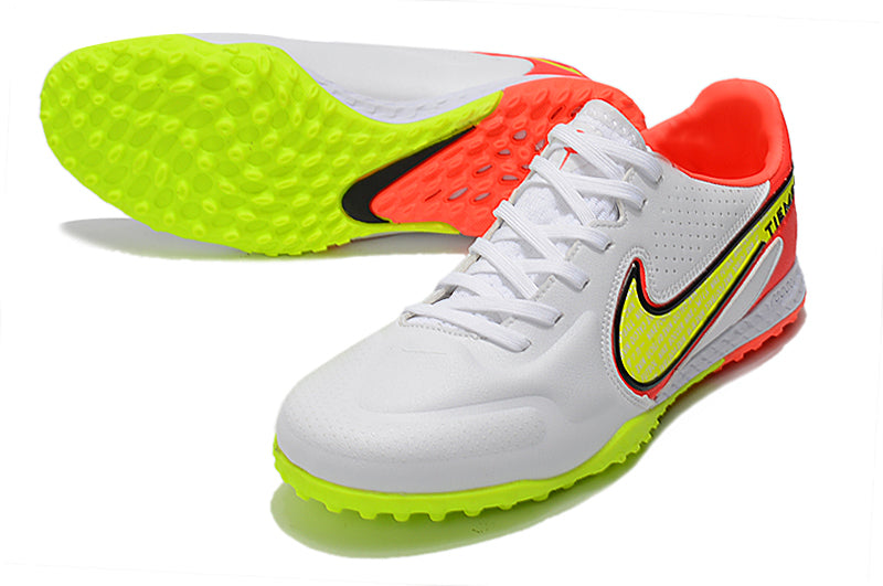 Chuteira Society Nike Tiempo Legend 9 Elite TF Branco e Laranja