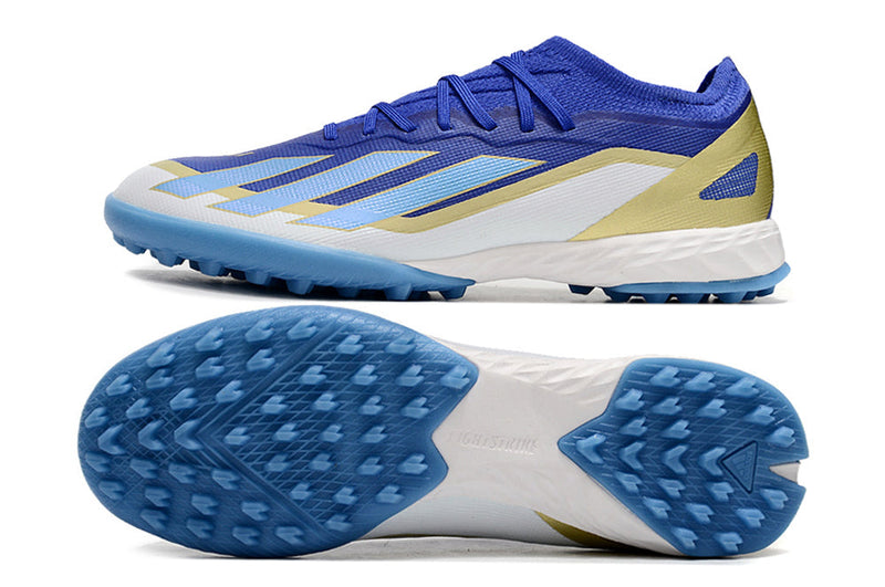 Chuteira Society Adidas X Crazyfast Messi.1 TF Azul, Branco e Dourado "Spark Gen10s"