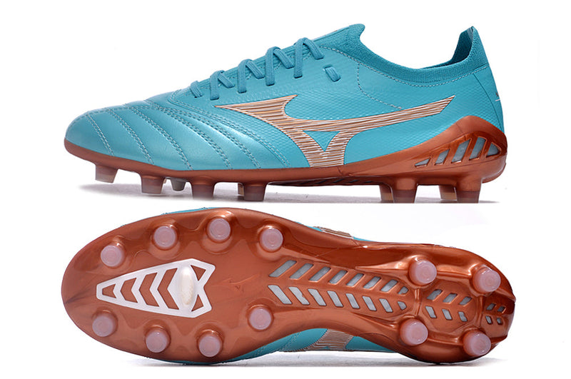 Chuteira Campo Mizuno Morelia Neo 3 FG Azul e Bronze "Azure Blue Pack"