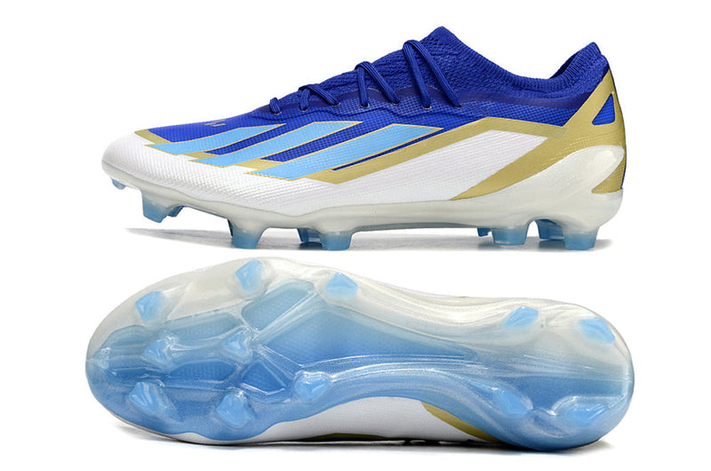 Chuteira Campo Adidas X Crazyfast Messi+ FG Azul, Branco e Dourado "Spark Gen10s"