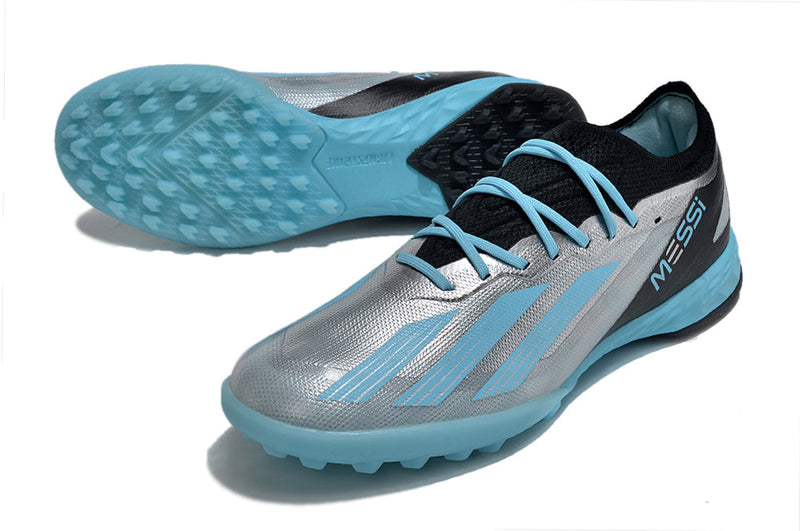 Chuteira Society Adidas X Crazyfast Messi.1 TF Prata e Azul "Infinito"