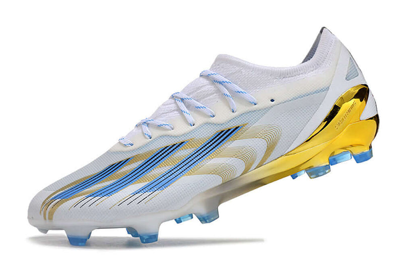 Chuteira Campo Adidas CrazyFast Messi.1 FG Branca, Azul e Dourado "Las Estrellas"