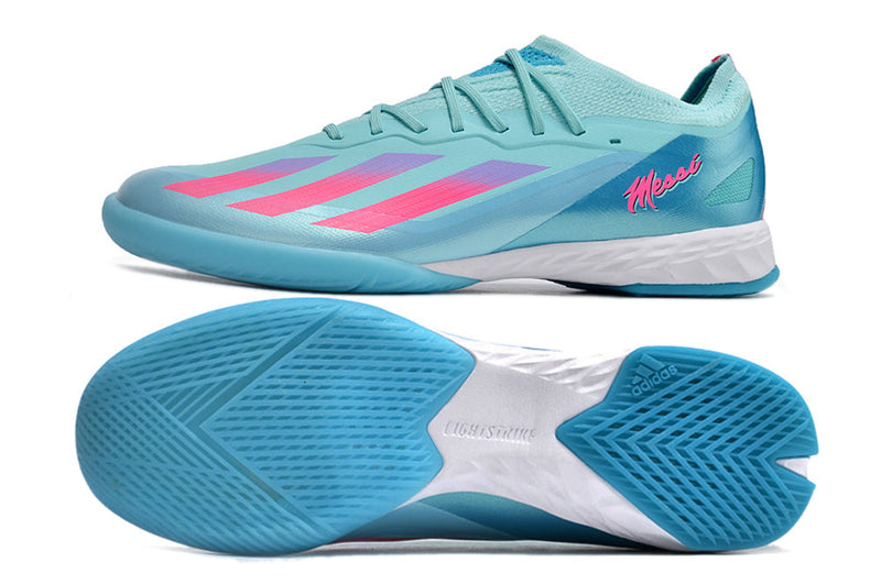 Chuteira Futsal Adidas X CrazyFast Messi.1 IC Azul e Rosa "Miami Vice"