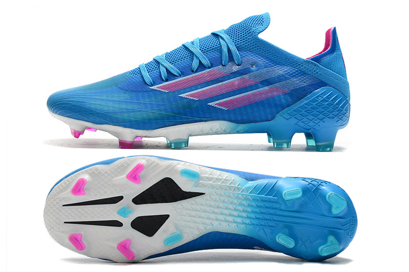 Chuteira Campo Adidas X Speedflow.1 FG Azul e Rosa "Sapphire Edge Pack"