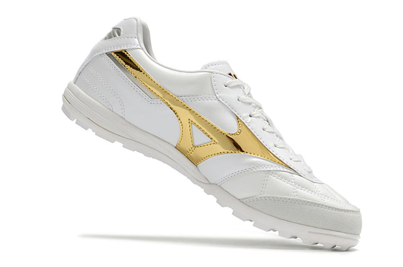 Chuteira Society Mizuno Morelia Sala Japan IC Branca e Dourado