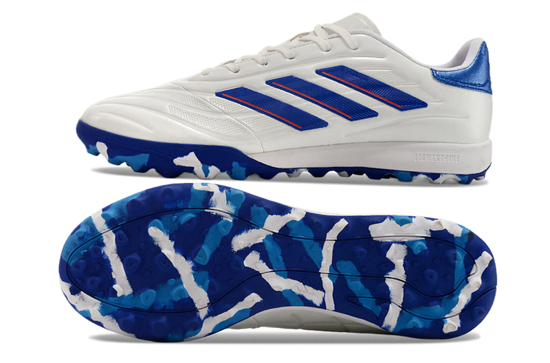 Chuteira Society Adidas Copa Pure.1 TF Branca, Azul e Vermelha "Advancement Pack"