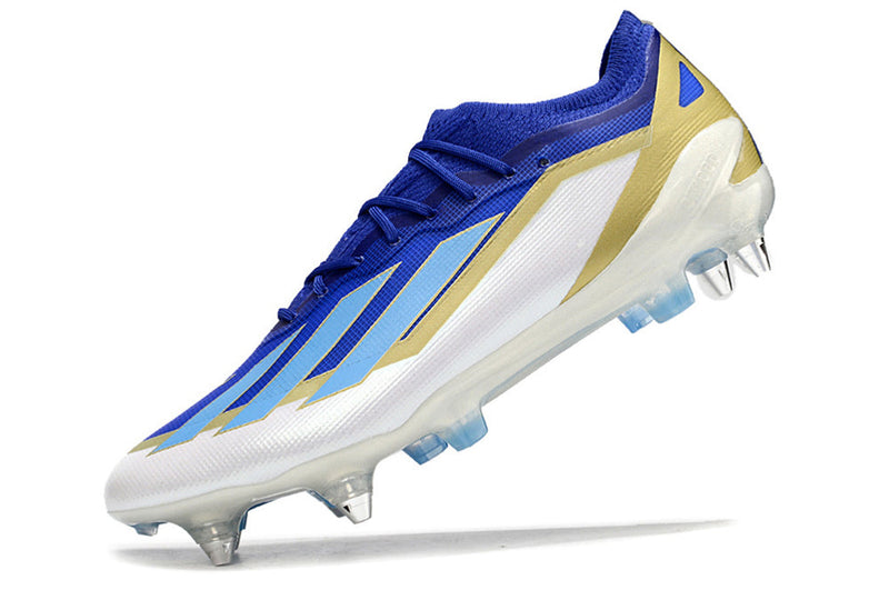 Chuteira Campo Adidas X Crazyfast Messi.1 Ponta de Aluminio Azul, Branco e Dourado "Spark Gen10s"