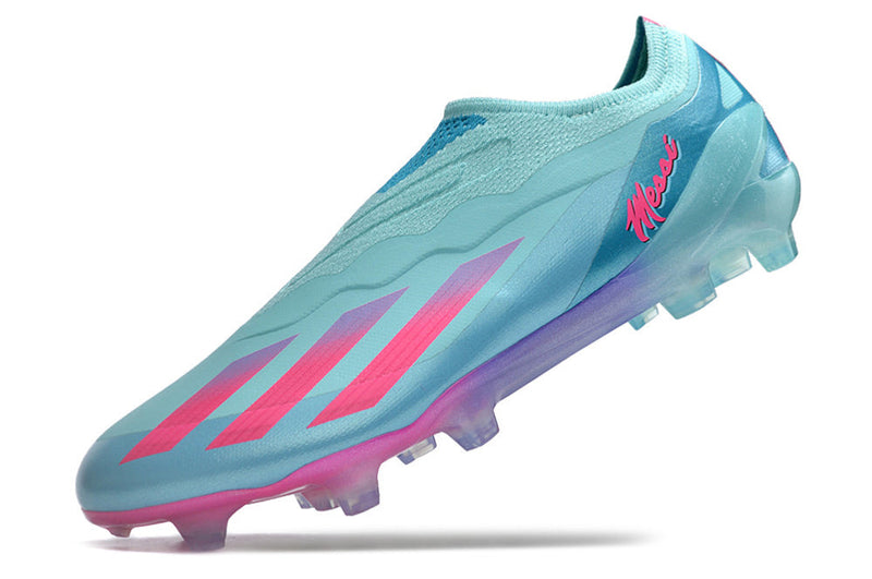 Chuteira Campo Adidas X CrazyFast Messi.1 LL FG Azul e Rosa "Miami Vice"