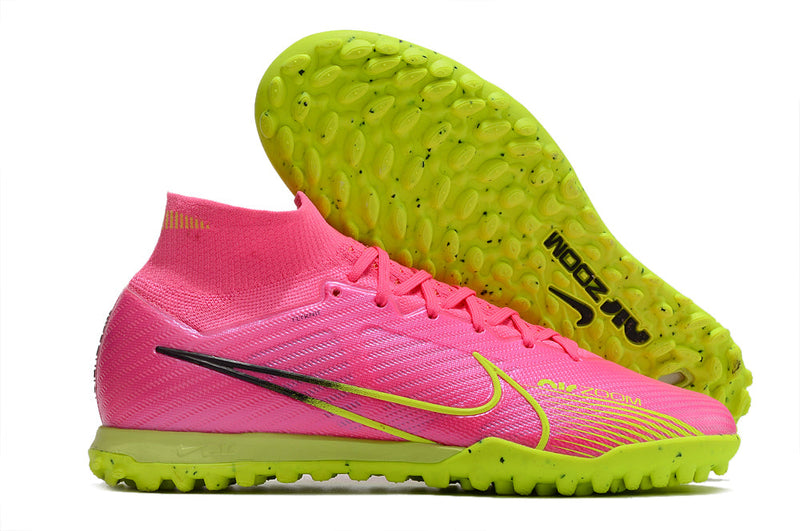 Chuteira Society Nike Air Zoom Mercurial Superfly 9 Elite TF Rosa e Verde "Luminous Pack"